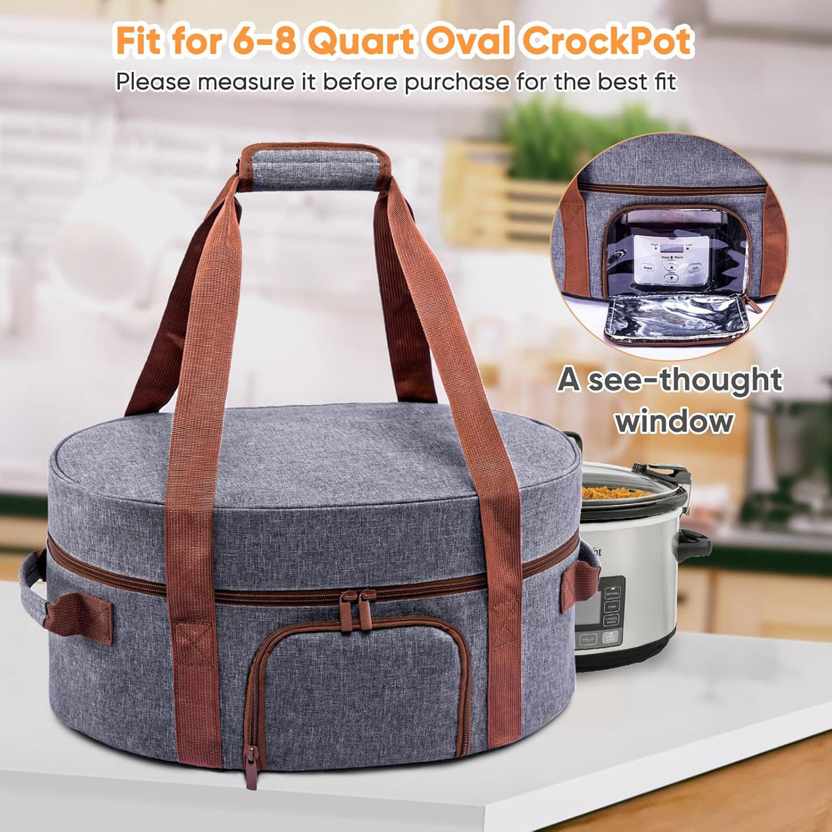 Insulated Slow Cooker Carrying Bag for 6-8 Quart CrockPot and Hamilton Beach Slow Cooker with See-thought Window, Portable Carrier Case with Adjustable Band and Accessory Pocket