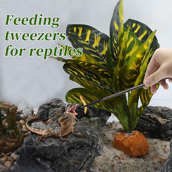 Reptile Feeding Tongs, Stainless Steel Lizard Feeding Tongs, Aquarium Straight Feeding Tweezers for Reptiles with Rubber Tip, Terrarium Feeding Tongs 10.63" L, Black Silver Tone