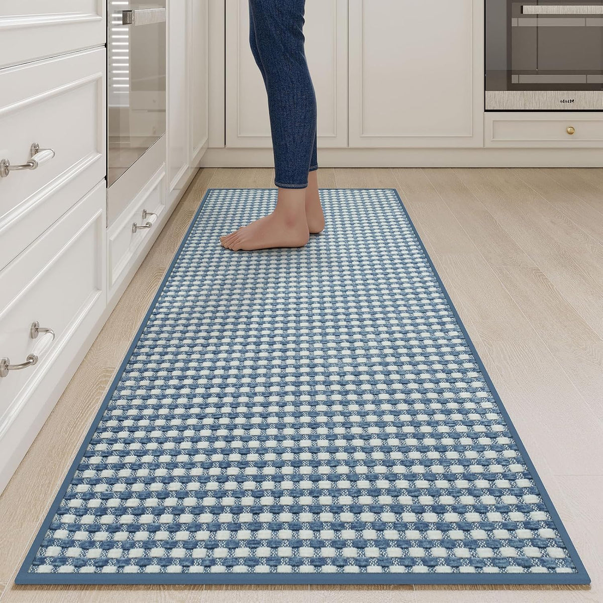 Long Kitchen Runner Rugs Kitchen Mat Non Slip Washable, Super Absorbent Soft Chenille Braided Kitchen Mats for Floor, Rubber Backing Kitchen Floor Sink Standing Mat, Easy Clean, Blue 24"x71"