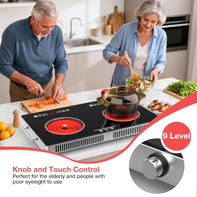 4000w Electric Cooktop 2 Burners, 23'' Electric Stove Top 110v with Plug in, GTKZW Knob Control Countertop & Built-in Ceramic Cooktop, 9 Power Levels, Child Lock, Timer, Over-Heat Protection
