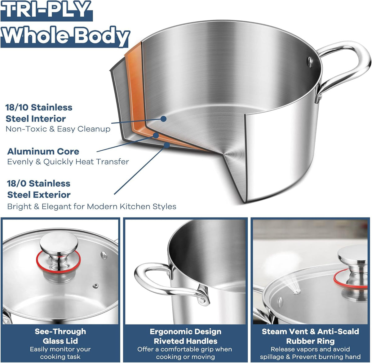 TeamFar 3.5 Quart Stock Pot, Tri-Ply Stainless Steel Pasta Cooking Pot with Lid, Tempered Glass Lid & Double Side Riveted Handles, Non-Toxic & Healthy, Heavy Duty & Dishwasher Safe