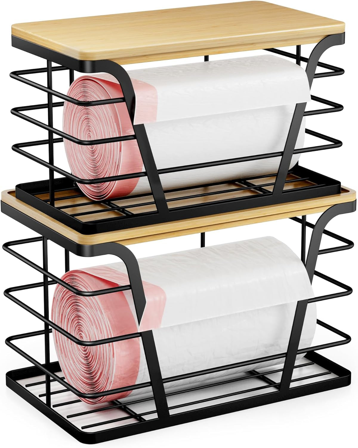 2 Pack Stackable Storage Laundry Kitchen Organizers, Wall Mount Trash Bag Holder with Bamboo Top and Garbage Bag Dispenser No Drill