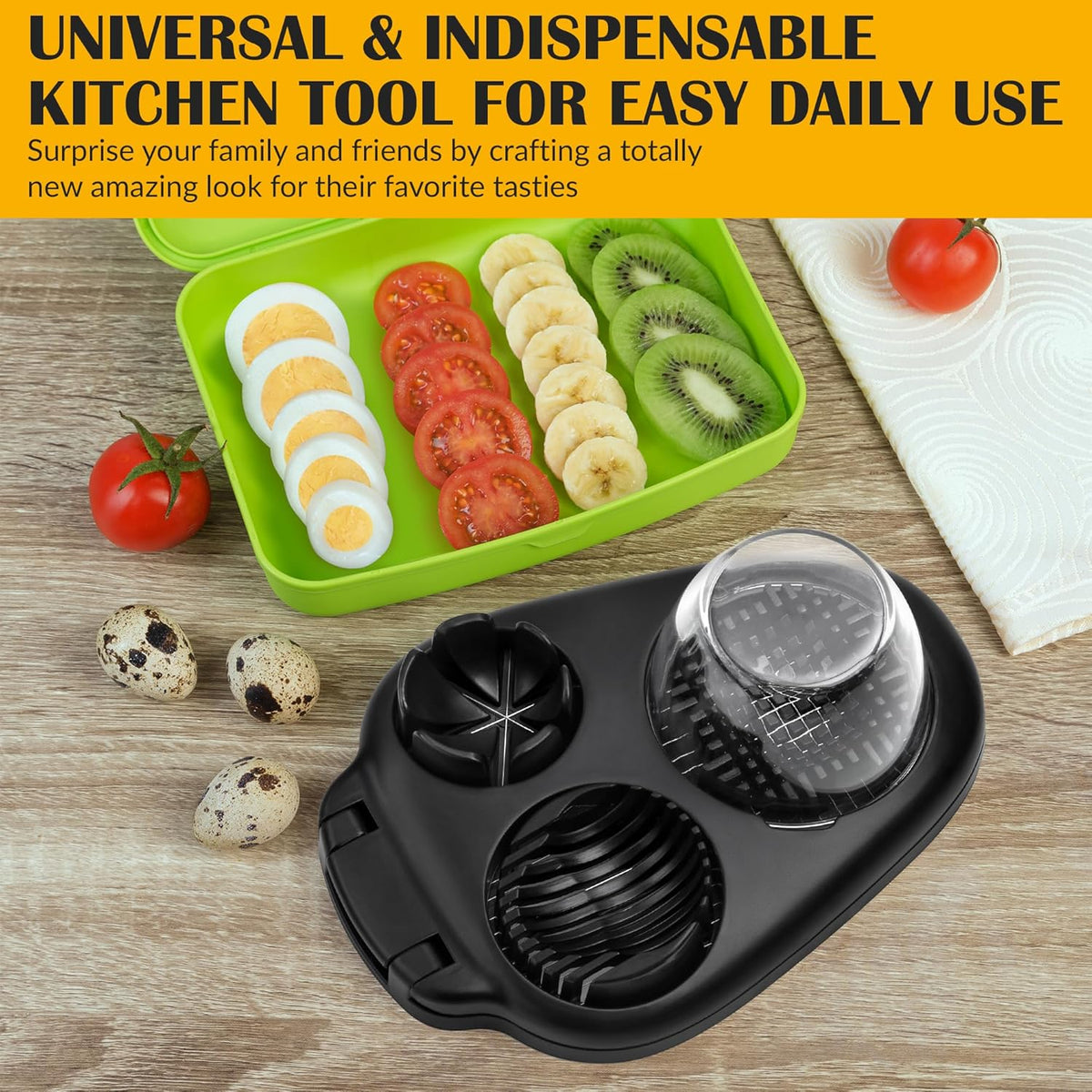 CraftyCrocodile Egg Slicer for Hard Boiled Eggs - 3 Slice Modes Egg Cutter, Heavy Duty, Stainless Steel Dicer - Kitchen Chopper Tool for Strawberry, Mushroom, Grape, Cherry Tomato - Black