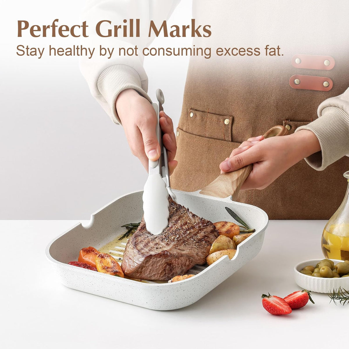 SENSARTE Nonstick Ceramic Grill Pan for Stove Tops, Versatile Square Grilling Pan with Pour Spouts, Durable Grill Skillet for All Stoves(Gas,Electric,Induction) Non Toxic-PTFE,PFAS,PFOA Free, 9.5Inch