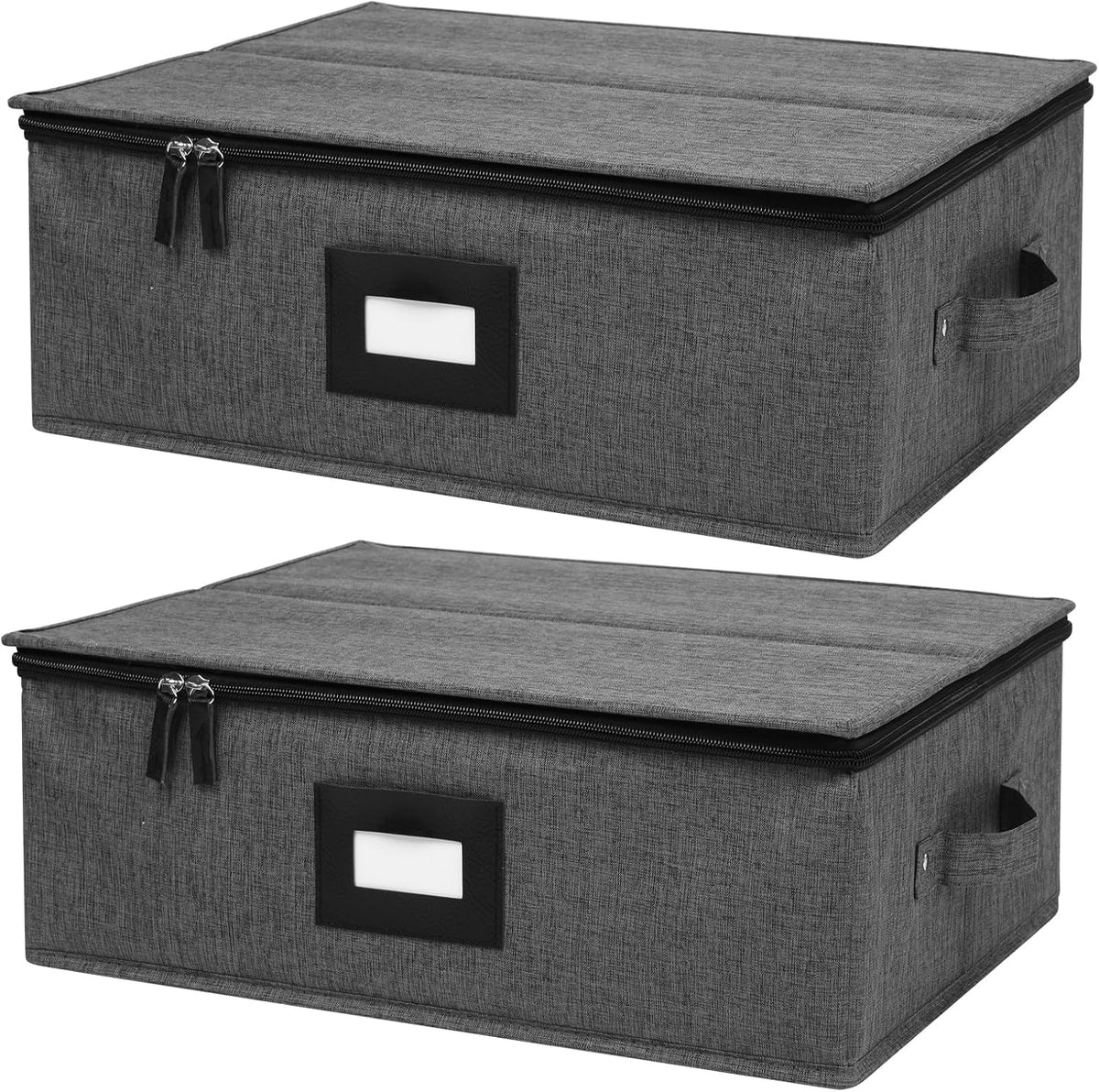 Cup and Mug Storage Box 2Pack, China Storage Containers for 12 Tea Cups or Coffee Mugs with Zipper Lid and Rivet Reinforced Handles, Hard Shell and Stackable (Black)
