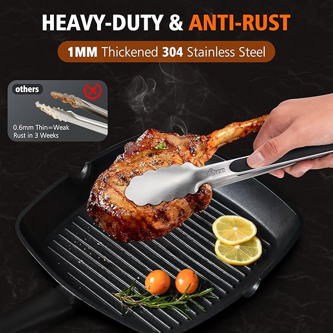 Hotec Stainless Steel Kitchen Tongs, Set of 3-7", 9" and 12", Locking Metal Food Tongs for Cooking, Serving, BBQ, Grill Non-Slip Grip