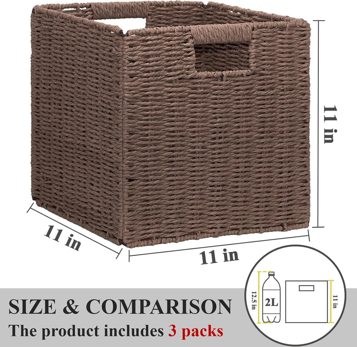 Wicker Storage Baskets for Organizing, 3 Pack Rustic Foldable Square Basket for Shelves, Handwoven Cubby Organizer Bins for Home Decor, Small Cube Storage Bin for Closet Organization (Brown 11 inch)