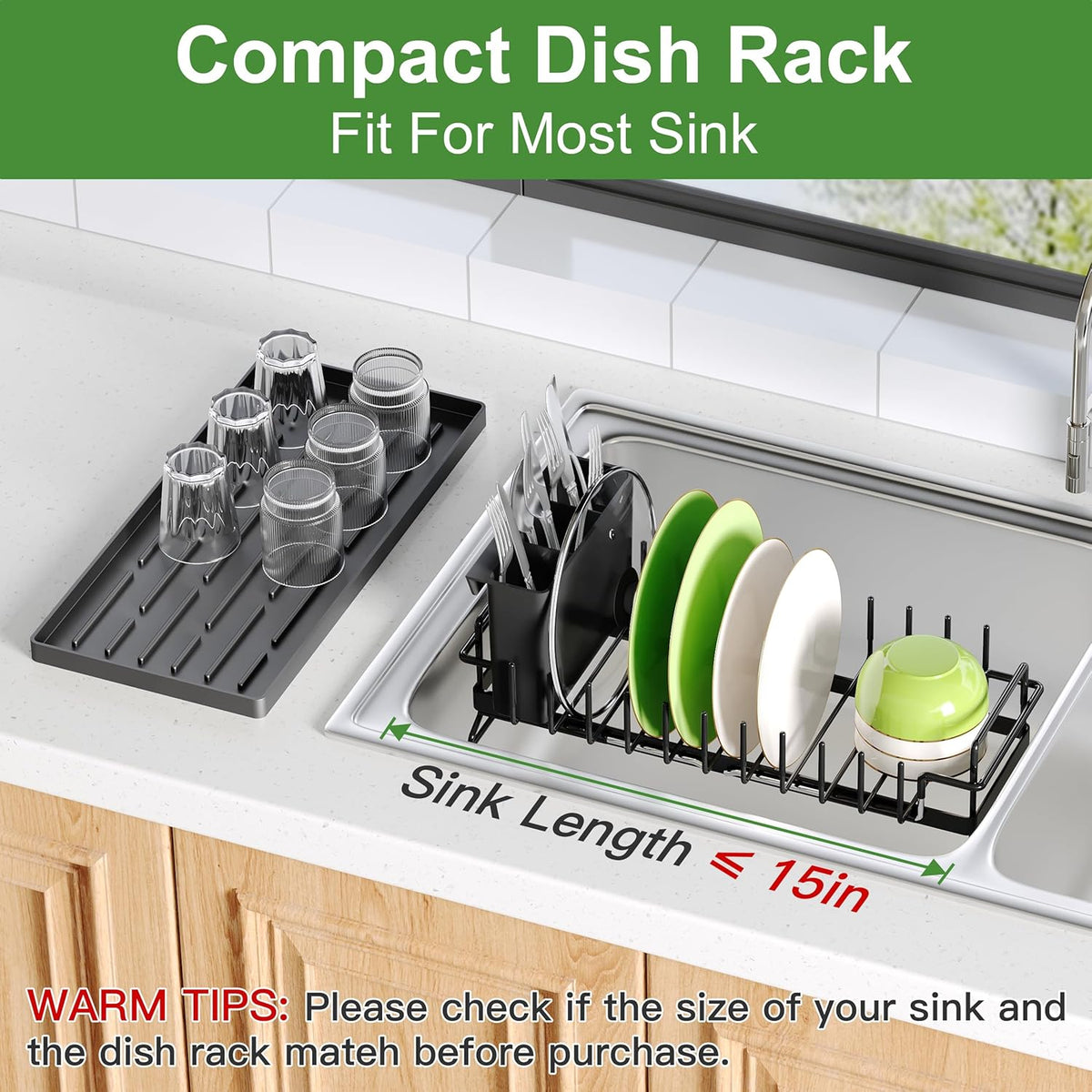 Dish Drying Rack Over the Sink Expandable In Small Black Drainer Dry for Kitchen Counter, Metal Stainless Steel Compact Dishes Drain with Tray, Space Saving Extendable Modern Plate Strainer Holder