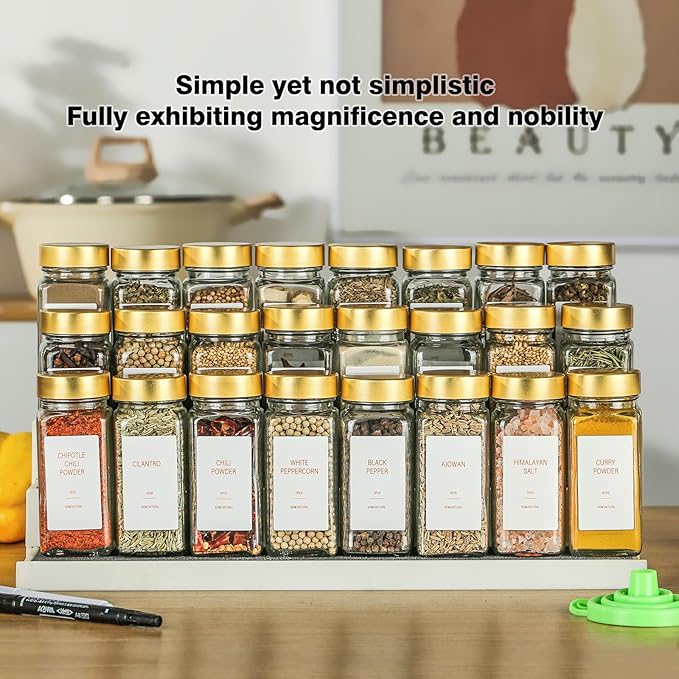 Gold Spice Jars with Label，4oz Seasoning Containers, Glass Spice Bottles with Shaker Lids,Funnel, Chalk Pen for Cabinet，Drawer，Rack (36)