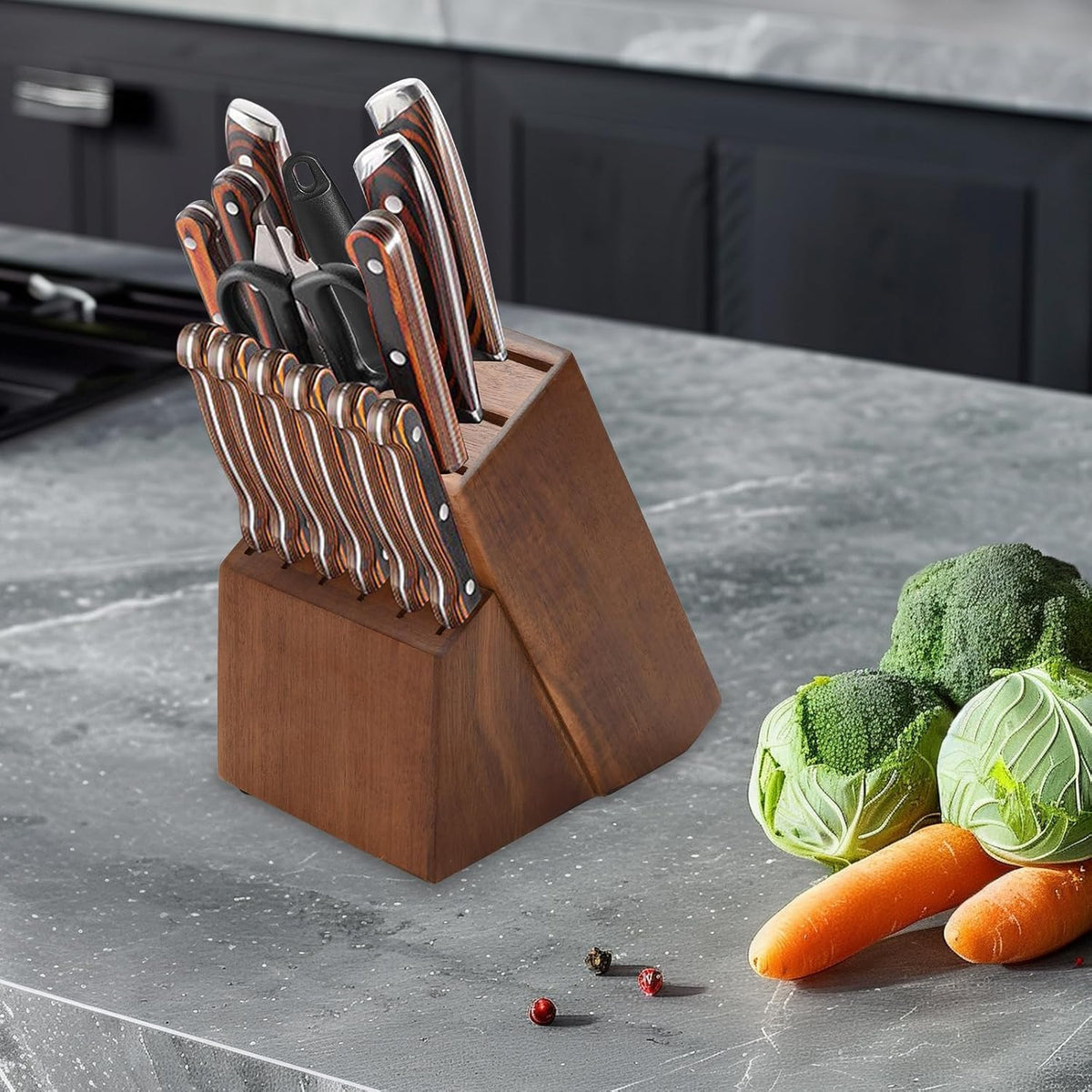 Wood Kitchen Knife Block, Universal Kitchen Knife Holder Kitchen Knife Storage Rack 14 Slots Knife Holder