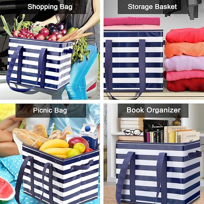 WISELIFE 4 Pack Reusable Grocery Bags Large Water Resistant Grocery Collapsible Heavy Duty Tote Bags for Shopping Picnic