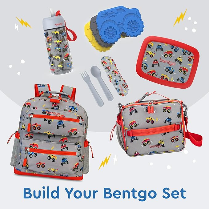 Bentgo Kids Lunch Bag - Double-Insulated, Reusable Lunch Bag for Kids 3+ with Adjustable Strap; Holds Lunch Box/Water Bottle/Snacks; Easy-Clean, Water-Resistant & Pockets (Trucks)