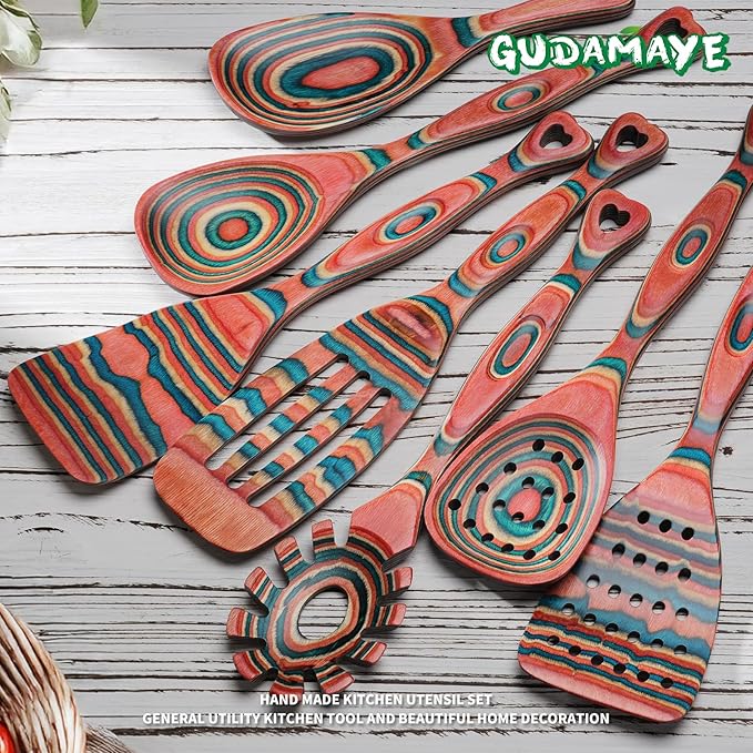 Gudamaye Pakkawood 7-Piece Wooden Cooking Utensils, Wooden Spoons for cooking, Wooden Utensil set, Pinkish-Orange Pakkawood Cooking Spoons, Non-Stick Spoon, Pakkawood kitchen utensils
