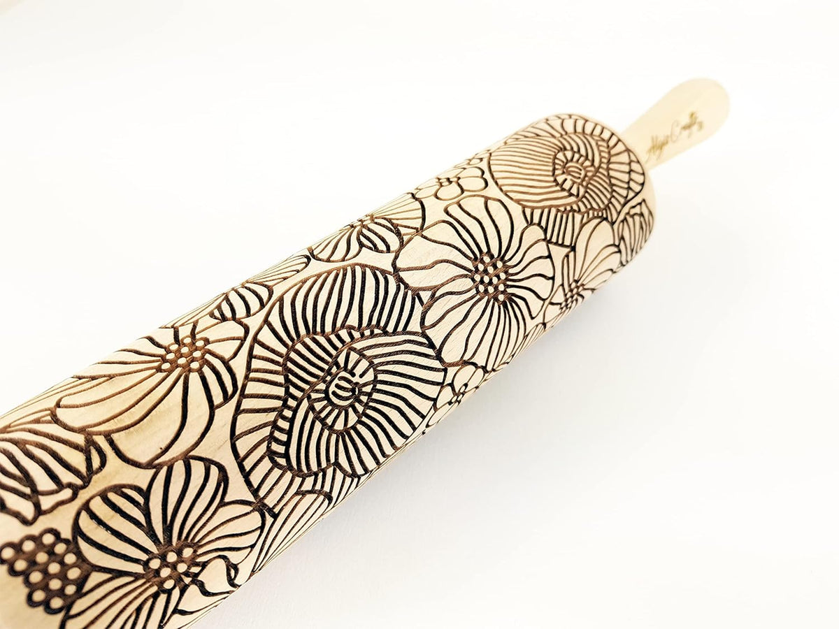 Embossing Rolling Pin POPPY. Dogh Roller with Wildflower Corn Poppies Pattern for Embossed Cookies and Pottery by Algis Crafts
