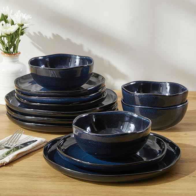 Ceramic Dinnerware Sets, Microwave Safe Plates and Bowls Sets, Kitchen Dishes Set for 4, Unbreakable & Dishwasher Safe Tableware, Everyday Use, Starry Blue
