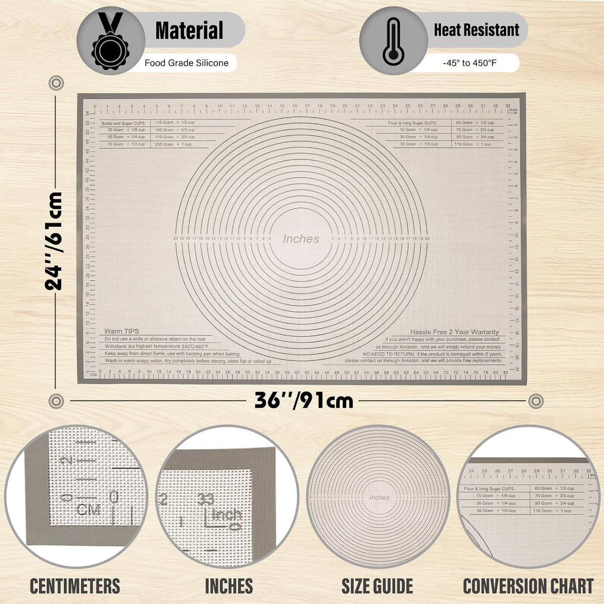 Silicone Pastry Mat 36x24 Inch - Nonstick Baking Mat Perfect for Dough, Pastry, Pie Crust, Fondant, Pasta/Pizza, Kitchen Counter