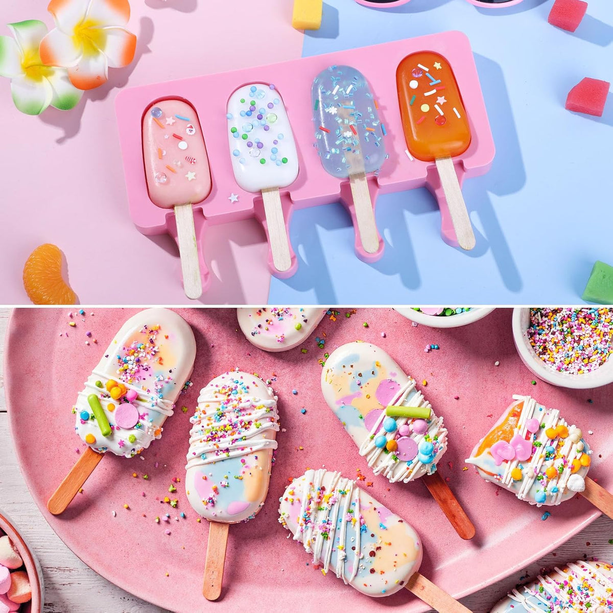 Ouddy Life Popsicle Molds Set of 2, Ice Pop Molds Silicone 4 Cavities Ice Cream Mold Oval Cake Pop Mold with 50 Wooden Sticks for DIY Popsicle (Pink)