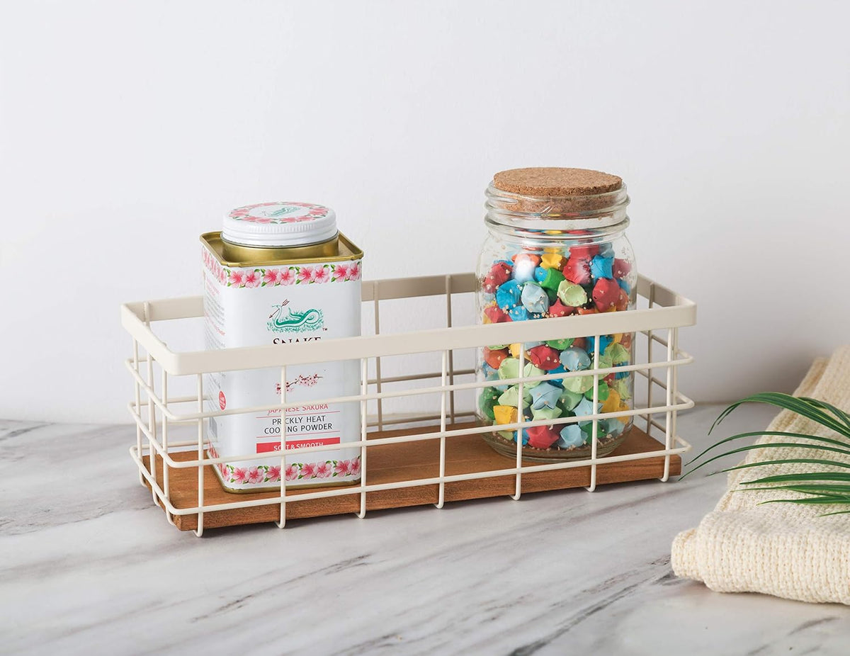 TIEYIPIN Small Metal Wire Storage Basket, Detachable Wood Base Storage Organizer Bin Basket for Kitchen Cabinets, Bathroom, Pantry, Garage, Laundry Room (Cream White, 4 Pack)