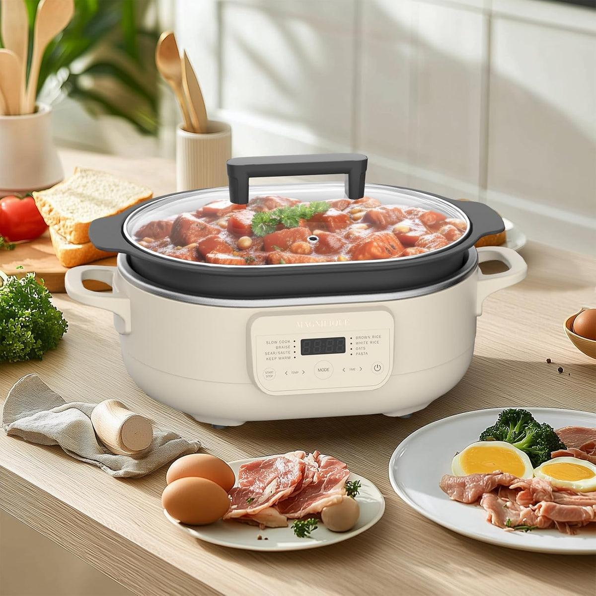 6 Quart Multi-Cooker, with 8-in-1 Casserole Programmable Slow Cooker, Dutch Oven, Pasta, Nonstick, Oven Safe Pot to 500°F Oatmeal Oatmeal