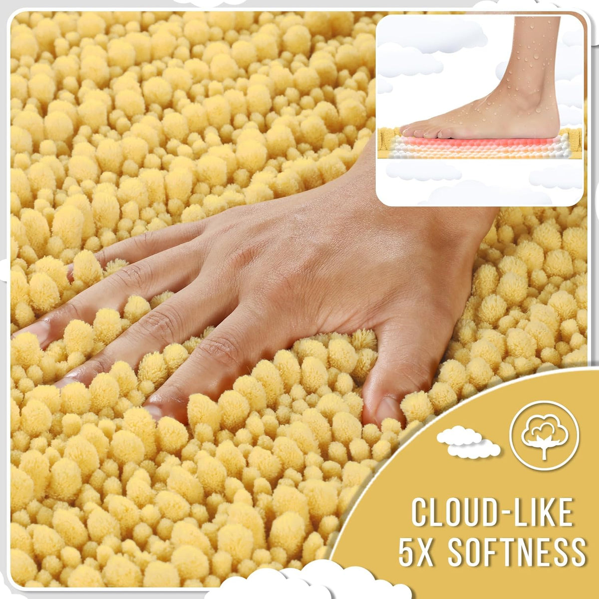 Yimobra Large Bathroom Rugs Non Slip Washable 36x24 Inch - Ultra Soft Absorbent Chenille Bath Mat, Quick Dry Shaggy Floor Carpet for Tub Shower, Yellow Home Decor Accessories