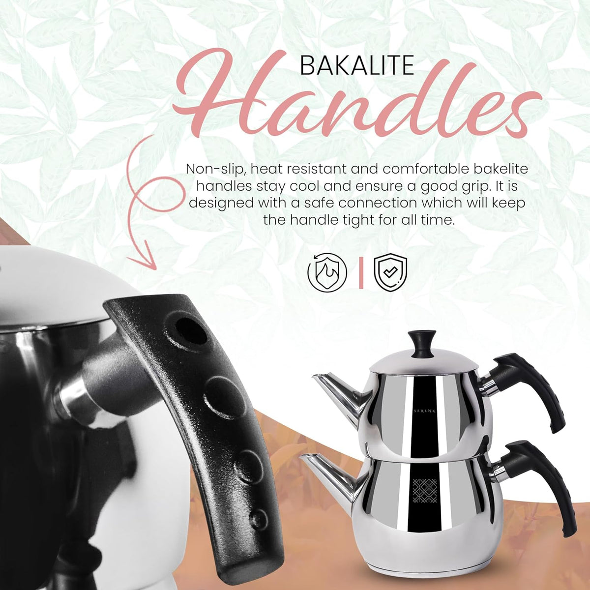 Serenk Stainless Steel 3 qt(101 fl oz) Turkish Tea Pot Sets With Lids And NonSlip Bakelite Handles For All Stove Type Turkish Tea Maker Two Pots With Termo Capsuled Induction Base (Black Small)