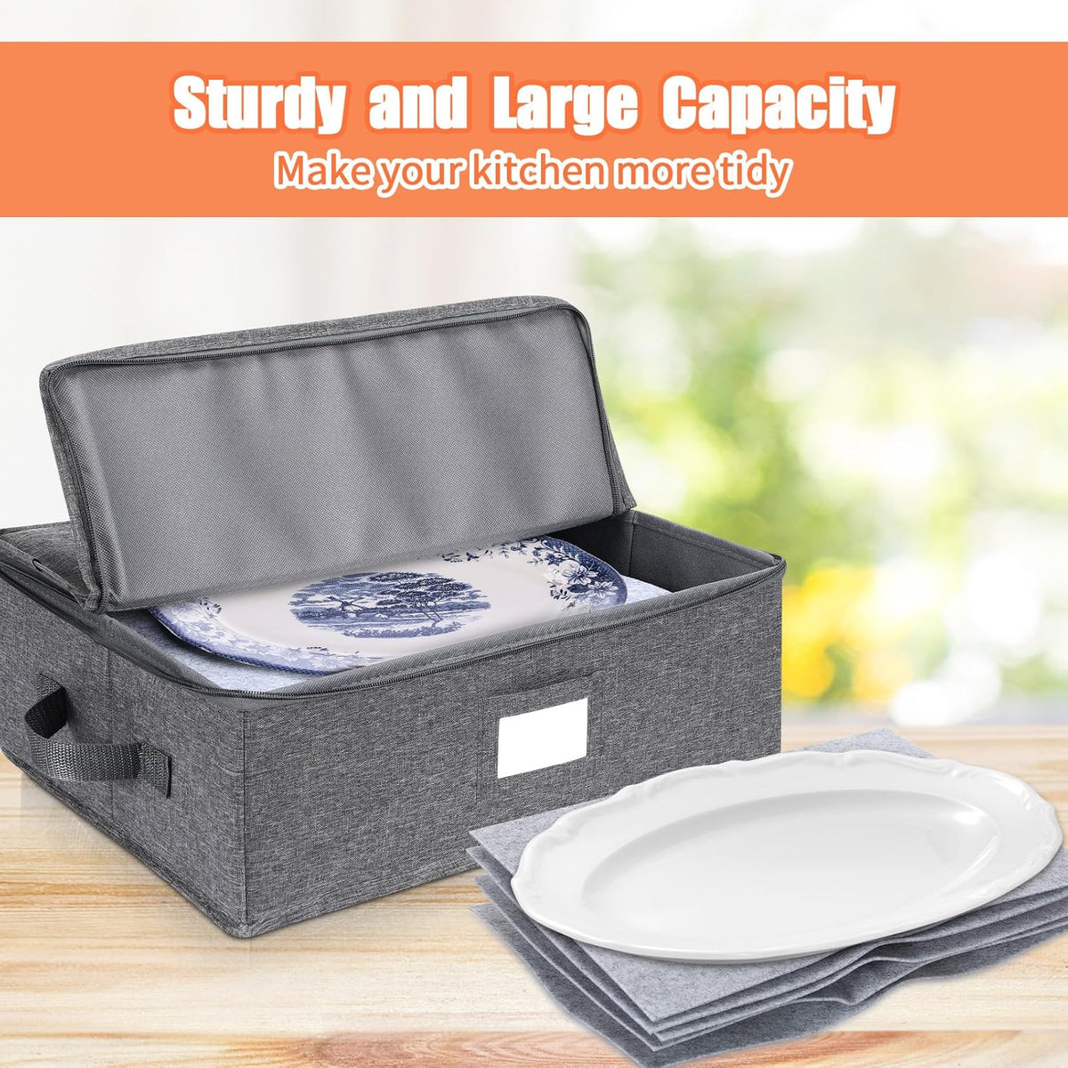 Norme 3 Pcs Platter Storage Case China Storage Container Stackable China Boxes Hard Shell Case Moving Supplies, 17x13x 6 In, 15 Felt Dividers Included, Structured Top, Gray
