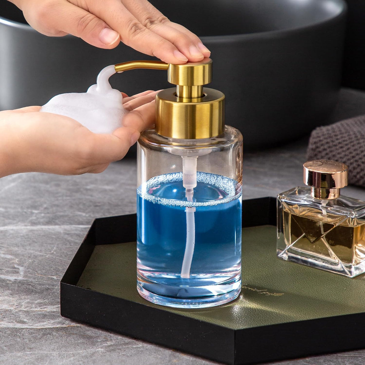 Enra Gold Foaming Soap Dispenser, 12oz Thick Glass Bathroom & Kitchen Dispenser with Stainless Steel Pump
