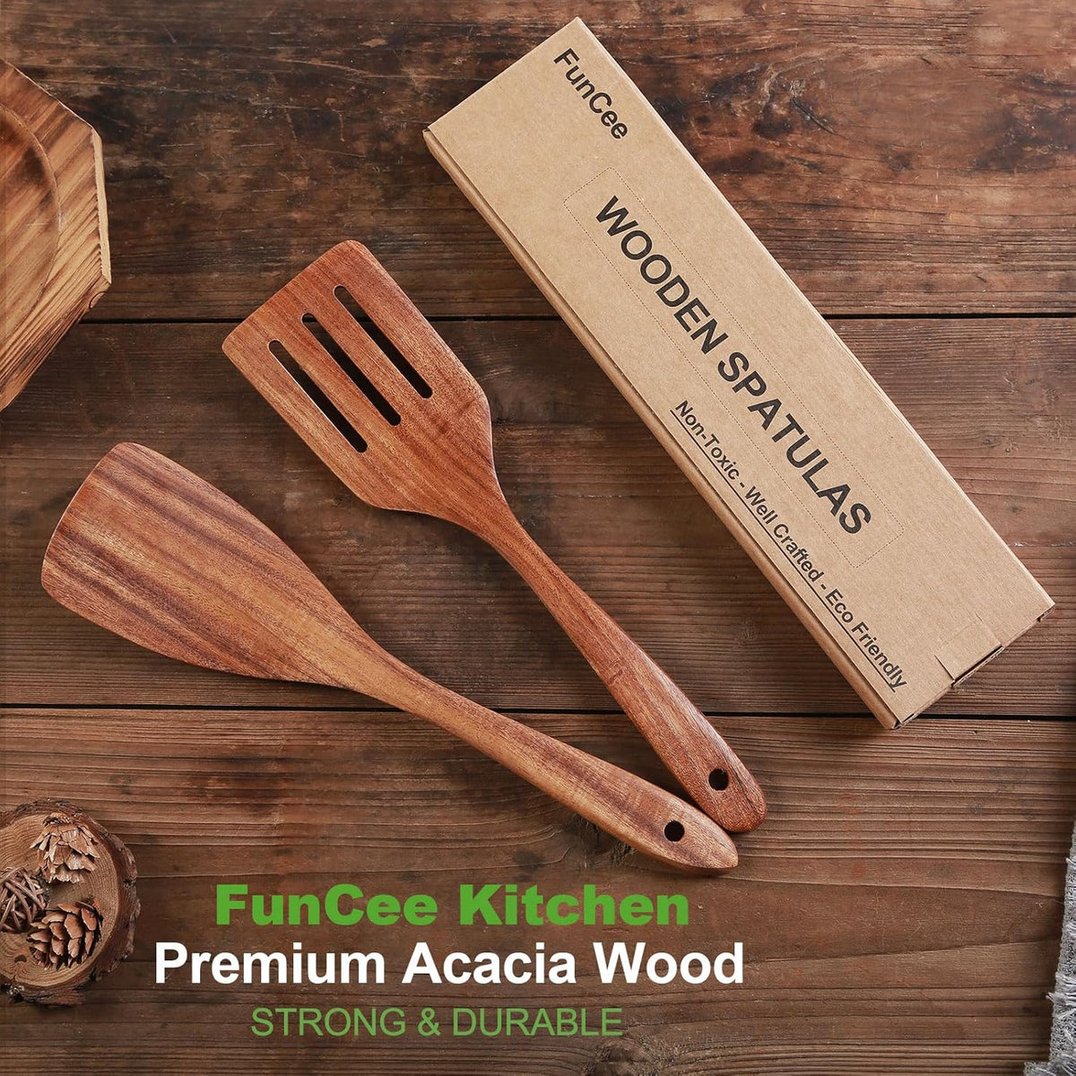 2 Pack Wooden Spatula, Acacia Wood Long Handle Flat Frying Turner, Handmade wooden spoons for cooking, Kitchen Utensil set, Non-Stick Cooking Spurtle Utensils for kitchen use
