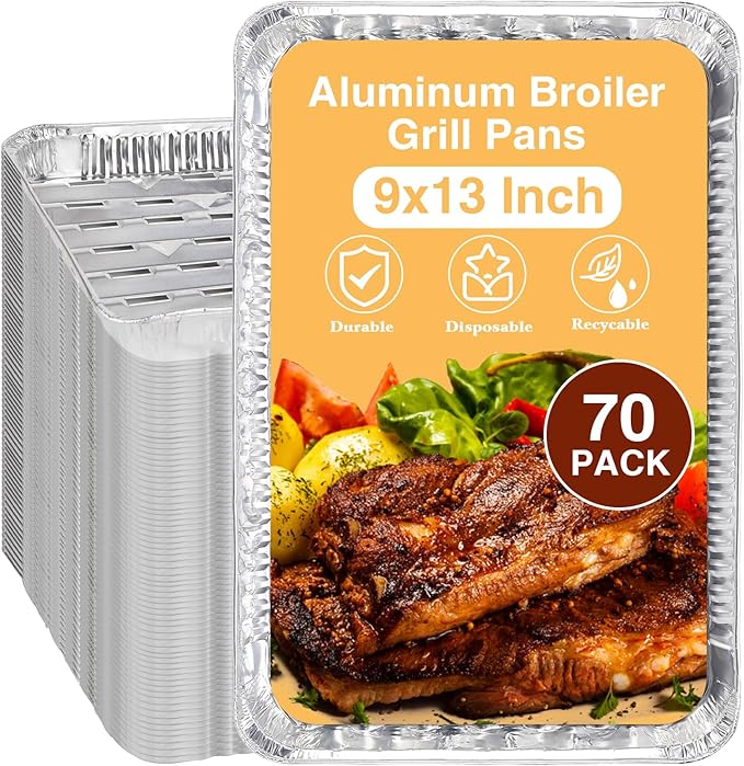 70 Pack Aluminum Grill Pans 13 x 9 Inch, Disposable Broiler Pans with Holes and Ribbed Bottom, Heavy Duty Foil Grill Liners for BBQ, Roasting, Drip Trays, and Oven Cooking