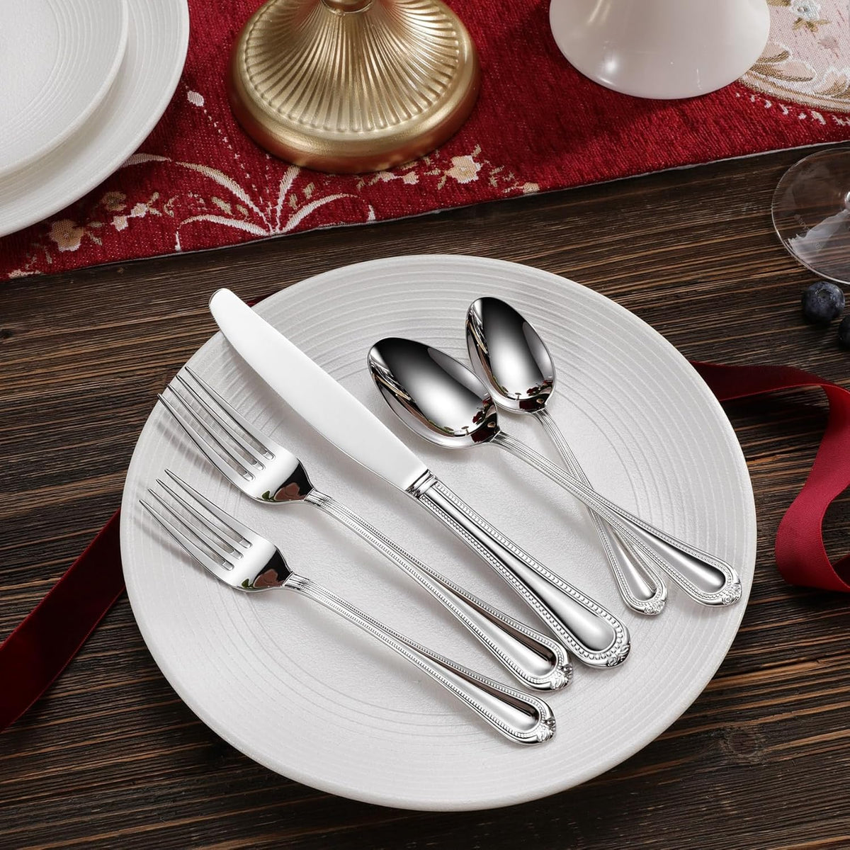 KEAWELL Pearl Edge Premium 20-Piece Refined Bead Silverware Set, 18/10 Stainless Steel, Service for 4, Fine Flatware Set, Dishwasher Safe (20, Silver)