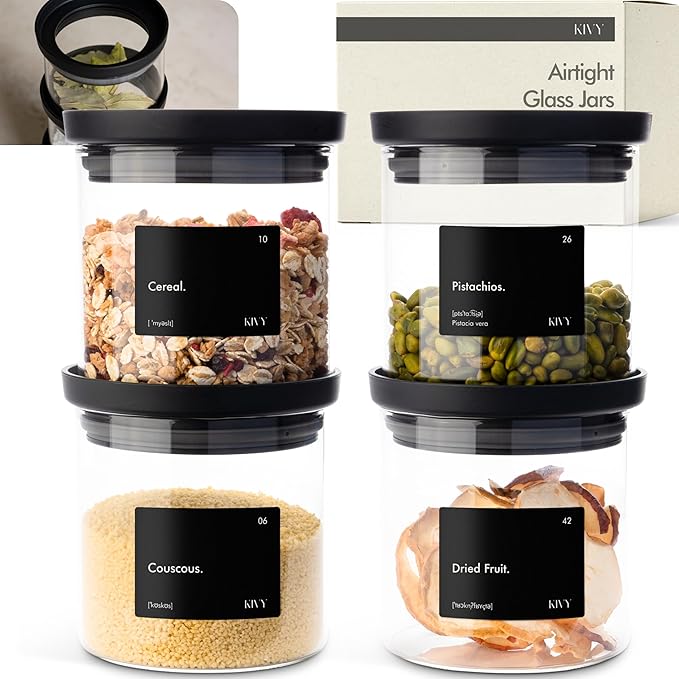 KIVY Airtight Glass Jars with Lids & Labels [4x 17oz] Stackable Glass storage jars with airtight lids - Black Glass Jars with airtight lid - Food Glass canisters with transparent lids