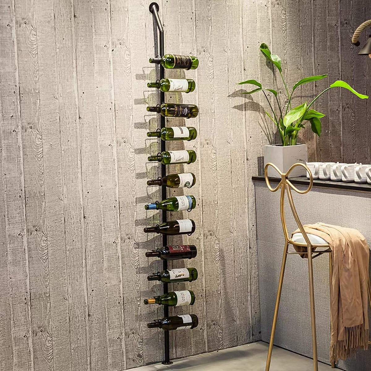 Wine Rack Wall Mounted, 72.8in High Metal Wine Bottle Holder for 12 Bottles, Kitchen Organization and Wine Storage for Commercial Restaurants Pantry Bar Wine Cellar (Gold, One row-12 Bottles)