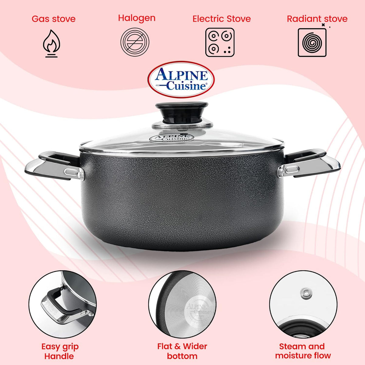 Alpine Cuisine 3 Quart Non-stick Stock Pot with Tempered Glass Lid and Carrying Handles, Multi-Purpose Cookware Aluminum Dutch Oven for Braising, Boiling, Stewing