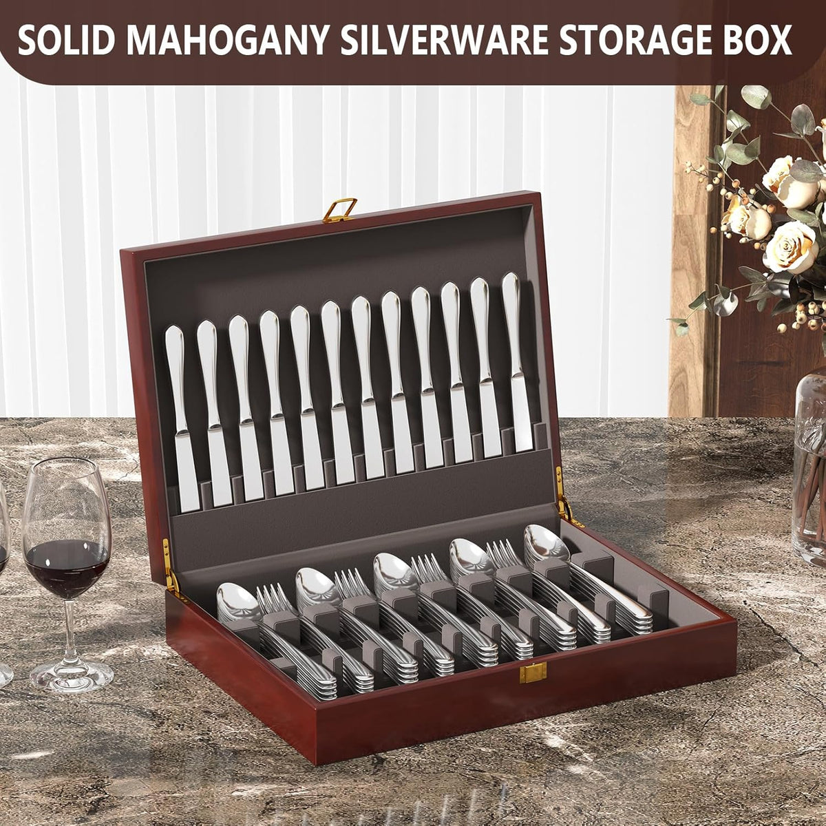 Mahogany Wood Silverware Storage Box,Silverware Case Flatware Chest with Felt Lined,Flatware Storage Box for 12 sets of Utensils,Silverware Chest without Silverware,Silverware Organizer with Lid