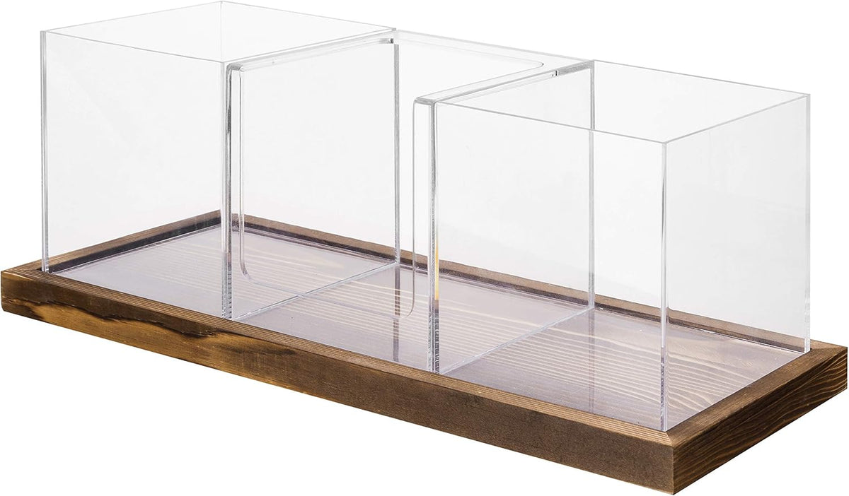 MyGift Modern Modular Coffee and Tea Station Organizer with 3 Removable Premium Clear Acrylic Compartments and Rustic Burnt Solid Wood Decorative Tray, 4 Piece Set