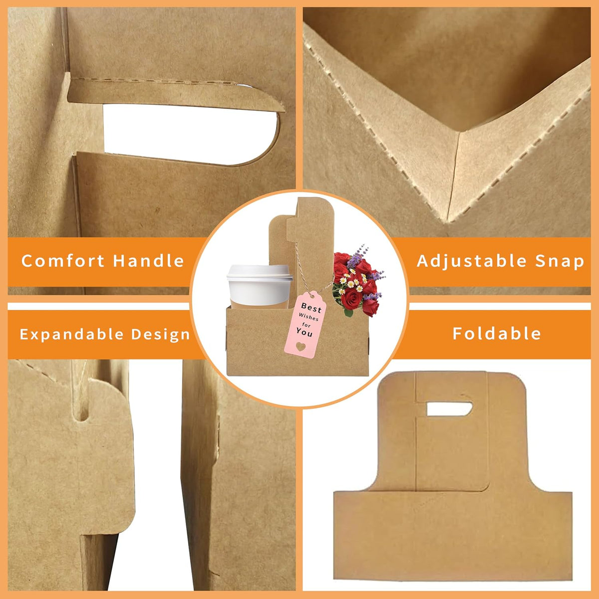 2 Cup Drink Carrier,16 Pack Coffee Cup Holders with Handle,Cardboard Cup Holders for Hot or Cold Drinks,Coffee Carrier with Ribbon and Card,Food Delivery Services and Bouquet(Kraft)