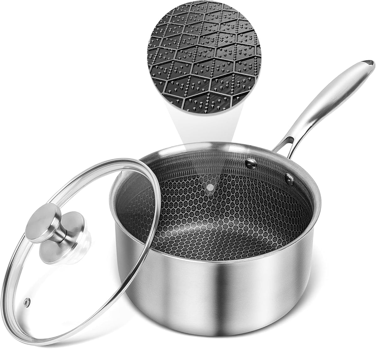 AuFranc™ Hybrid Nonstick 2 Quart Stainless Steel Saucepan with Glass Lid, Induction Sauce Pan with Honeycomb Carving, Non-stick Sauce Pot Compatible with All Cooktops, Dishwasher Safe, Non-Toxic
