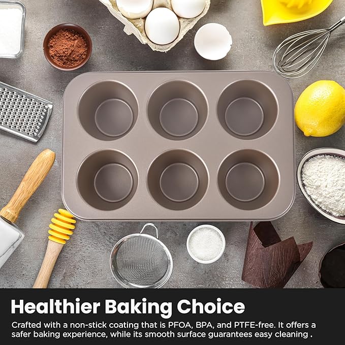 High Carbon Steel Popover Pan - 6-Cavity Non-Stick Tray Mold for Premium Stainless Steel Homemade Cupcakes, Muffins, Breads - Professional Grade for Bakery & Kitchen Oven(Golden)