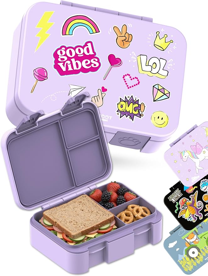 BEARFOOT Kids Lunch Box with Compartments – Compact & Lightweight | Leak-Proof, BPA-Free, Dishwasher & Microwave Safe | Hand-Drawn Design for Preschool, School, Travel (Sticker Purple, 2.75 Cups)