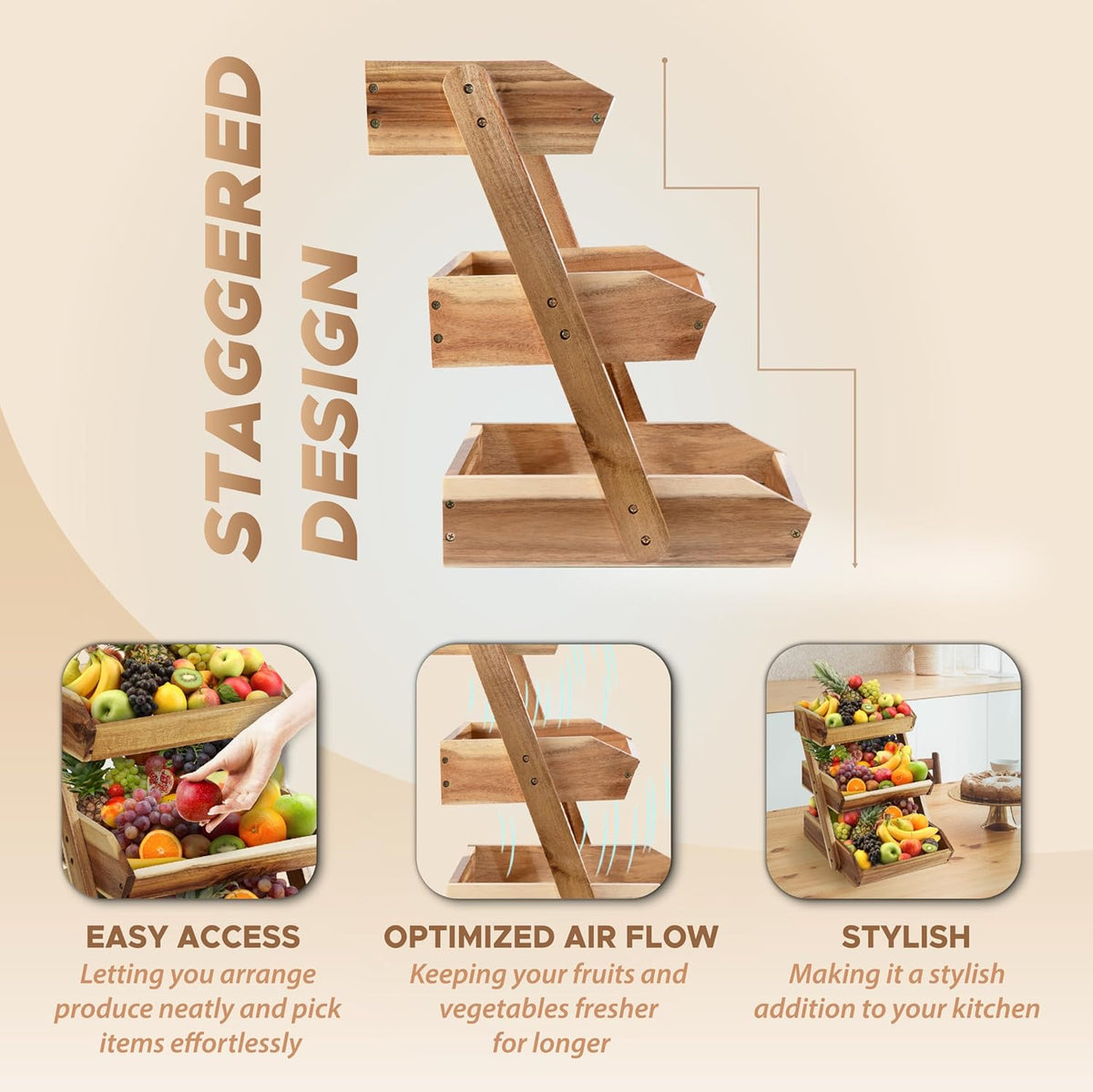 3-Tier Fruit Basket for Kitchen - Durable, Multifunctional, Large Capacity Fruit & Veggie Stand with Snack Organizer
