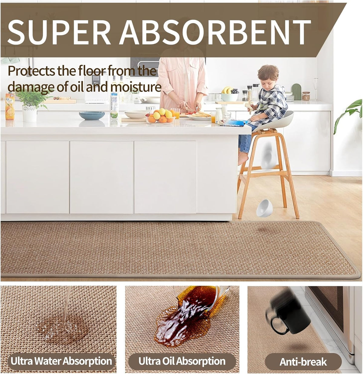 Kitchen Rugs and Mats Non Slip Washable, Absorbent Runner Rugs for Kitchen, Front of Sink, Kitchen Mats for Floor，Easy to Clean and Maintain Kitchen Floor mat(Brown, 17"x30")