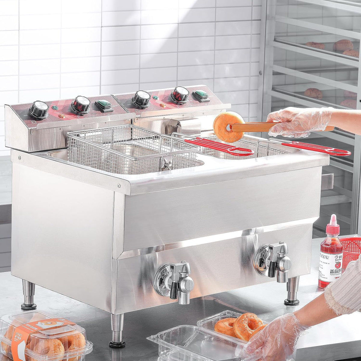 Commercial Fryer Stainless Steel Electric Deep Fryer with Oil Filtration and Timer 24L Large Capacity Dual Tank Fryer with Baskets and Lids Countertop Deep Fryer for Restaurant Use 120V 3500W
