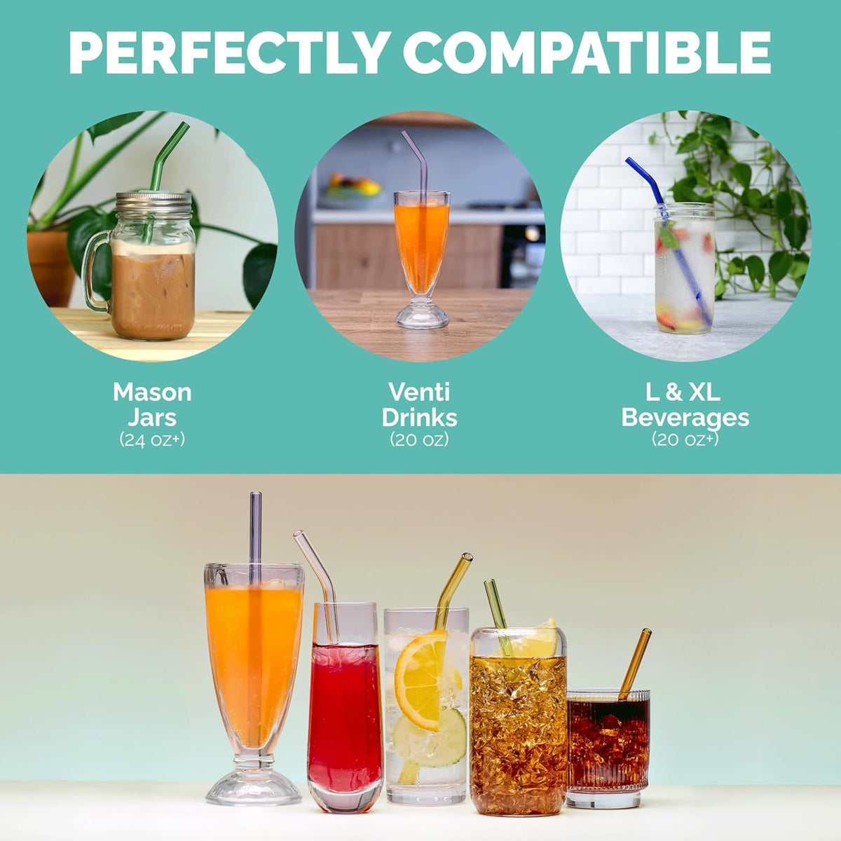 Simply Straws 8 Inch Glass Straws Bent (6-Pack) – Reusable Glass Straws for Pints & Juice Drinkware, with Cleaning Brush – Dishwasher Safe, Hot & Cold Use, BPA-Free (Cote d'Azur)