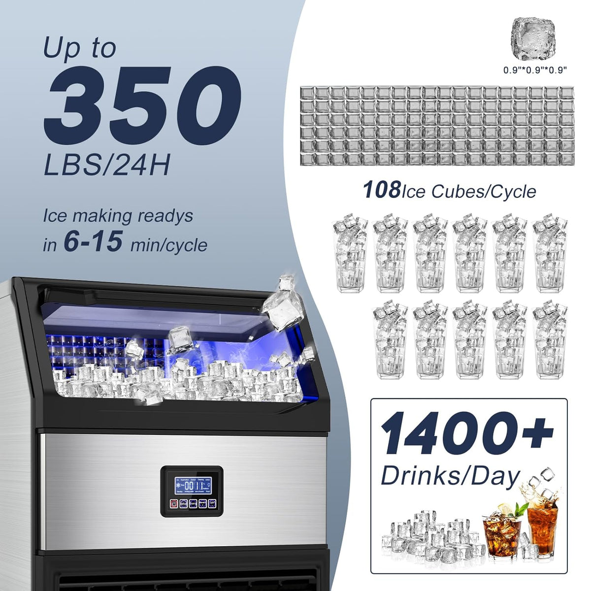 Commercial Ice Maker Machine 300LBS/24H with 75LBS Storage Bin, Stainless Steel Undercounter/Freestanding Ice Maker Machine for Home Bar Outdoor, 108PCS Ice Cubes Ice Machine, Self Cleaning