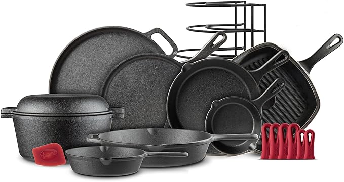 Cuisinel Cast Iron Cookware 18-Piece Set - Pre-Seasoned 6" + 8" + 10" + 12" Skillet + Grill Pan+Lid + Griddle + Pizza Pan + Dutch Oven+Pan Cover + Panrack + Silicone Handle Grips + Pan Scraper/Cleaner
