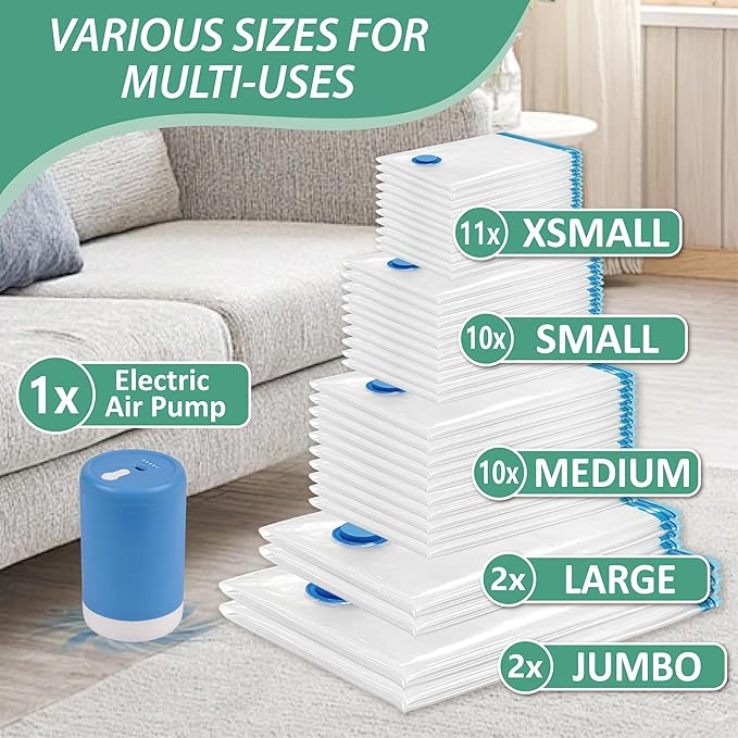 Cozy Essential 35 Pack Vacuum Storage Bags with Electric Pump, Vacuum Seal Space Saver Bags for Clothing, Pillows, Blanket, Bedding, Comforters