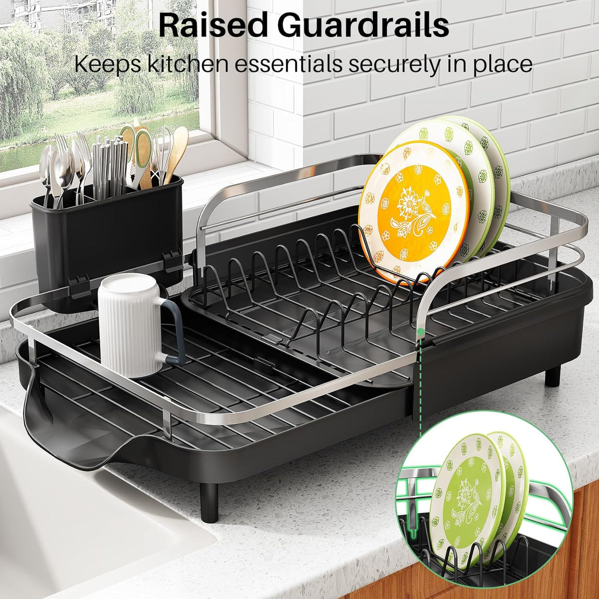SAYZH Dish Drying Rack - Expandable Dish Rack for Kitchen Counter, Rust-Resistant Dish Drainer with Utensil Holder and Raised Guardrail, Kitchen Organizer for Cup and Bottle (Black)
