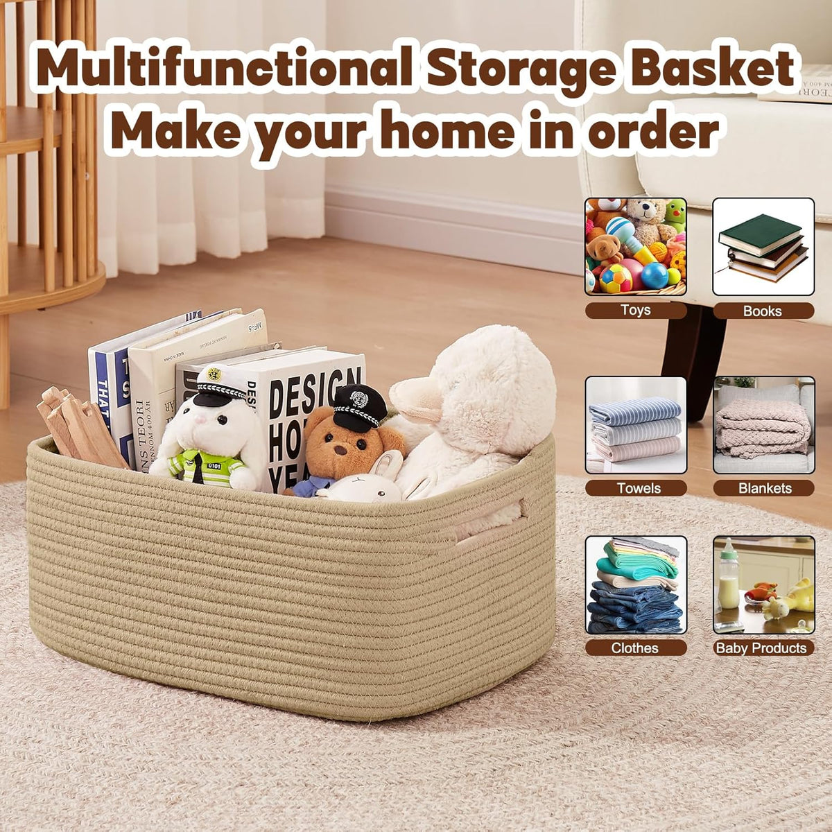 OIAHOMY Storage Basket for Shelves, Closet Cube Storage Bins Baskets for Clothes Blanket Towels, Baby Nursery, Toy Baskets Box, Woven Rope Basket, 15.75*11.81*7.09 ININ, 2 Packs Jute Yellow