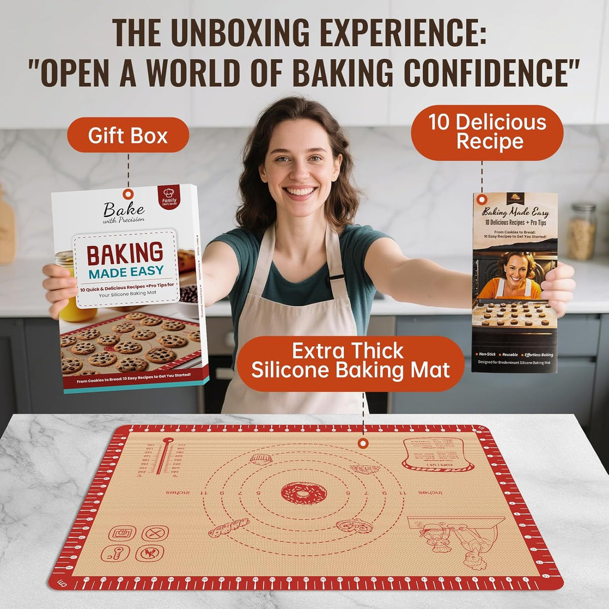 Silicone Macaron Baking Mat with 10 Easy Recipes, Extra Thick Silicone Mats for Baking, Non Stick Pastry Mat for Dough Rolling, Heat Resistant Silicone Bread Cookie Pizza Oven Mat with Measurement