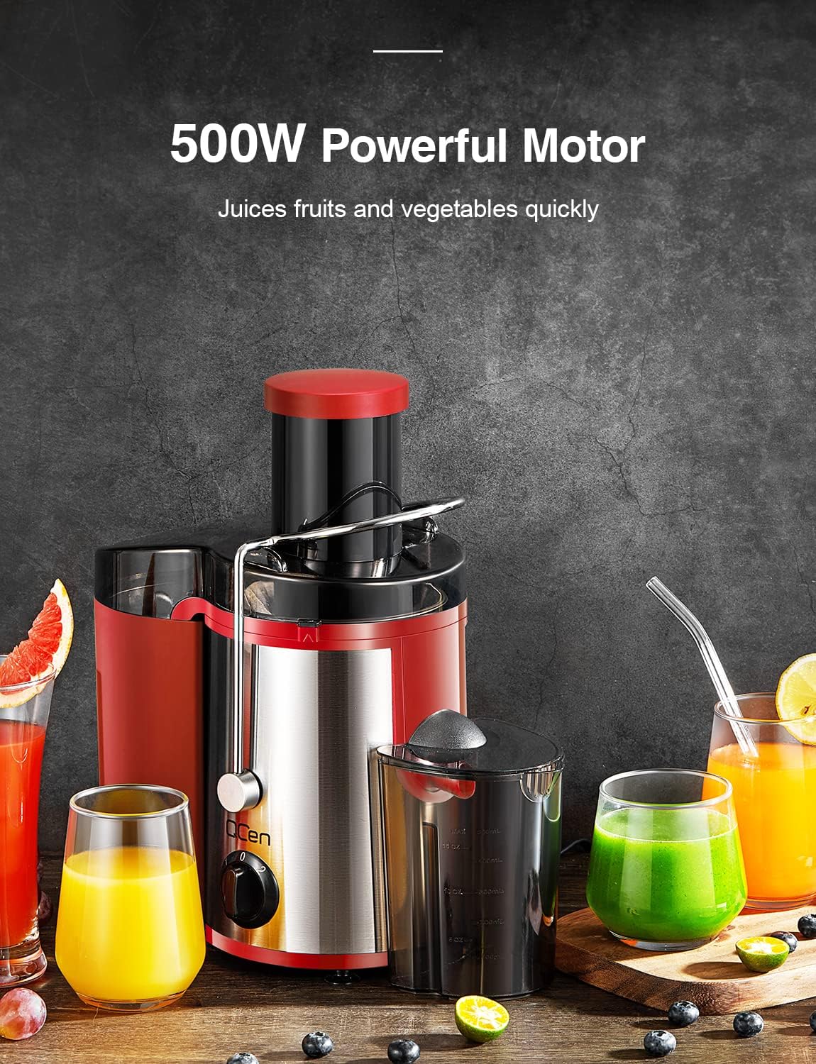 QCen Juicer Machine, 500W Centrifugal Juicer Extractor with Wide Mouth 3” Feed Chute for Fruit Vegetable, Easy to Clean, Stainless Steel, BPA-free (Red)